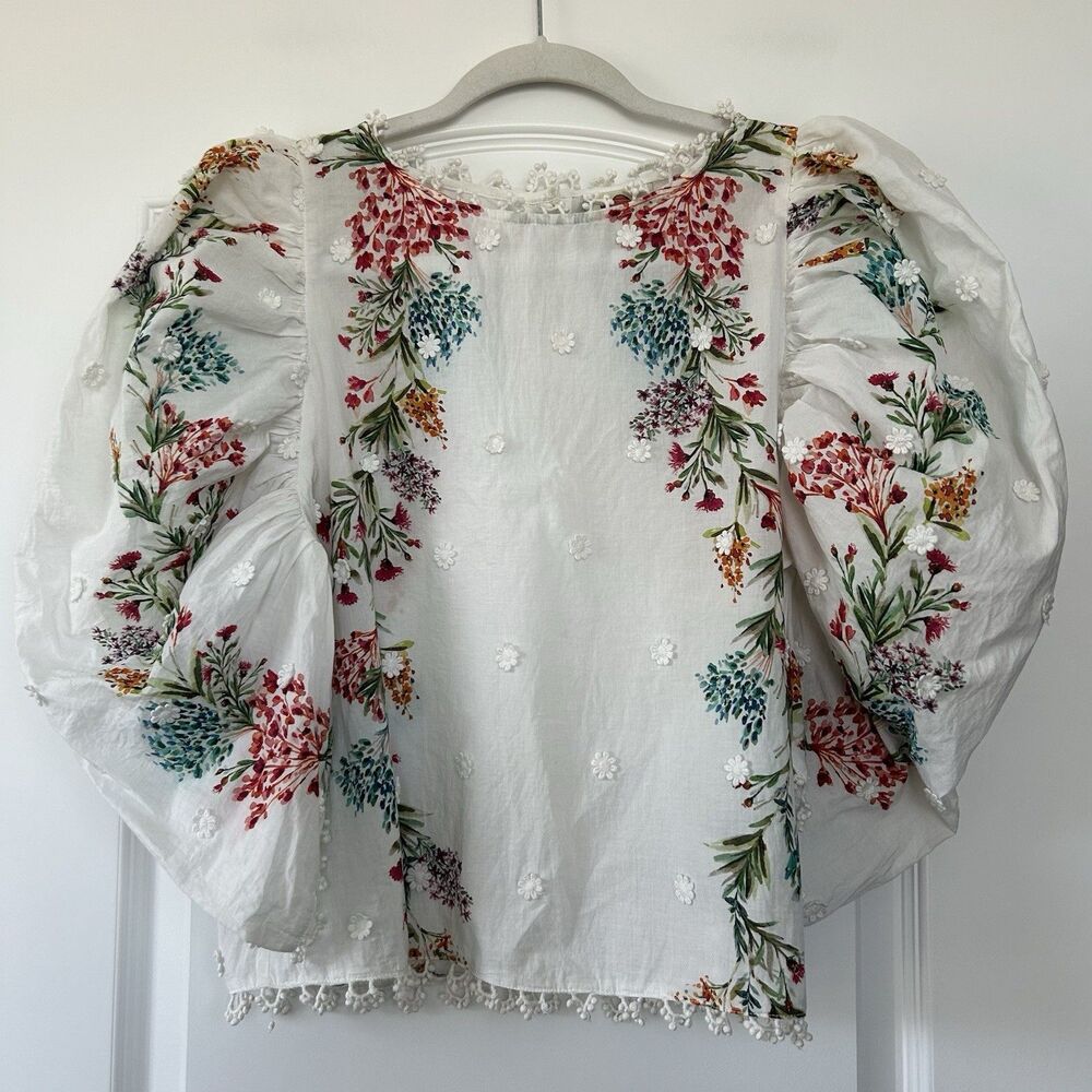 FARM RIO Louise Floral Print Womens Sz S Blouse Embroidery Puff Sleeves Romantic - Picture 4 of 14